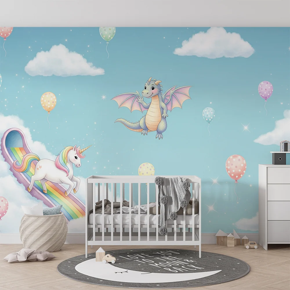Papel de parede quarto bebê | Unicorn și dragon într-un cer încântat