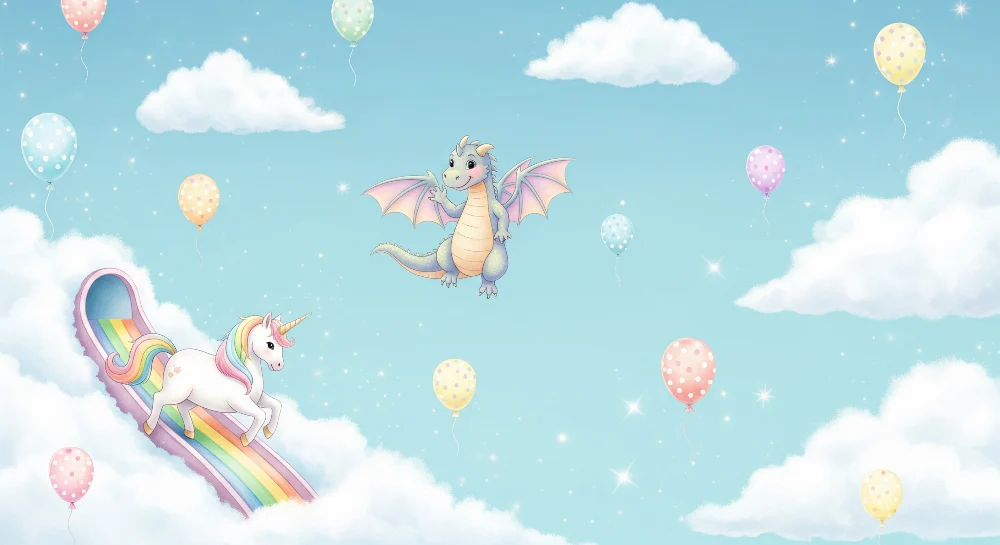 Papel de parede quarto bebê | Unicorn și dragon într-un cer încântat