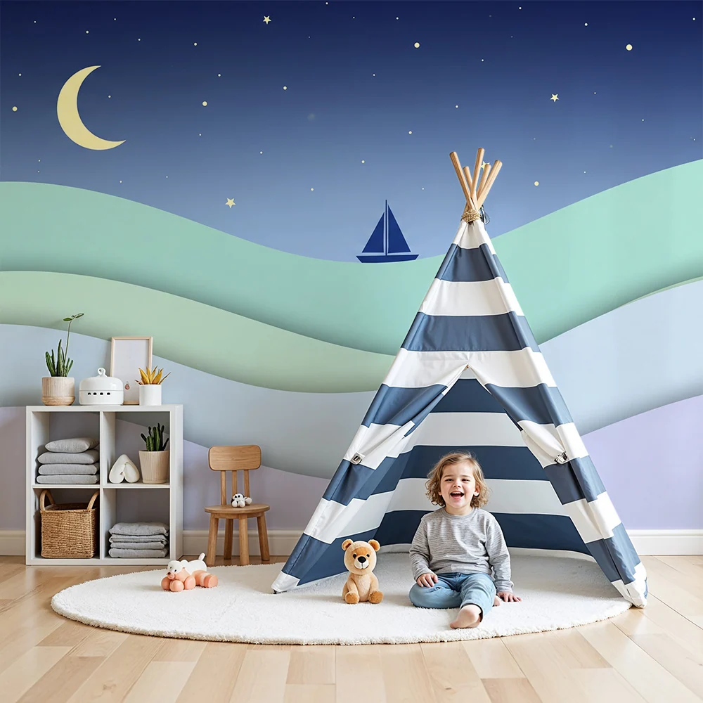 Papel de parede quarto bebê | Velier sub un cer instelat cu valuri blânde