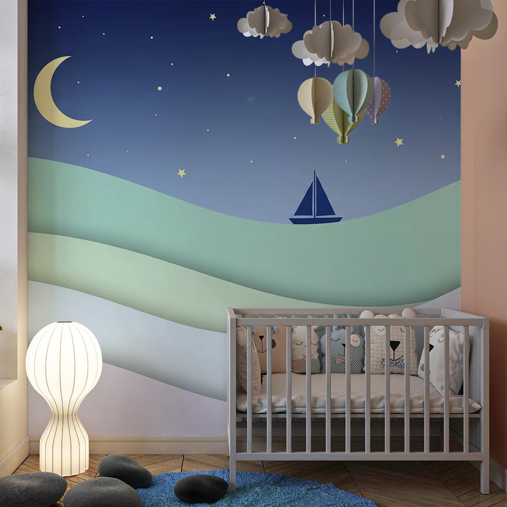 Papel de parede quarto bebê | Velier sub un cer instelat cu valuri blânde