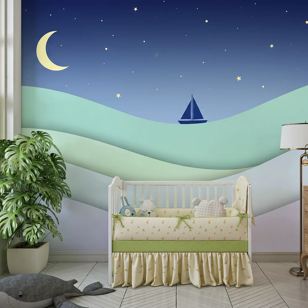 Papel de parede quarto bebê | Velier sub un cer instelat cu valuri blânde