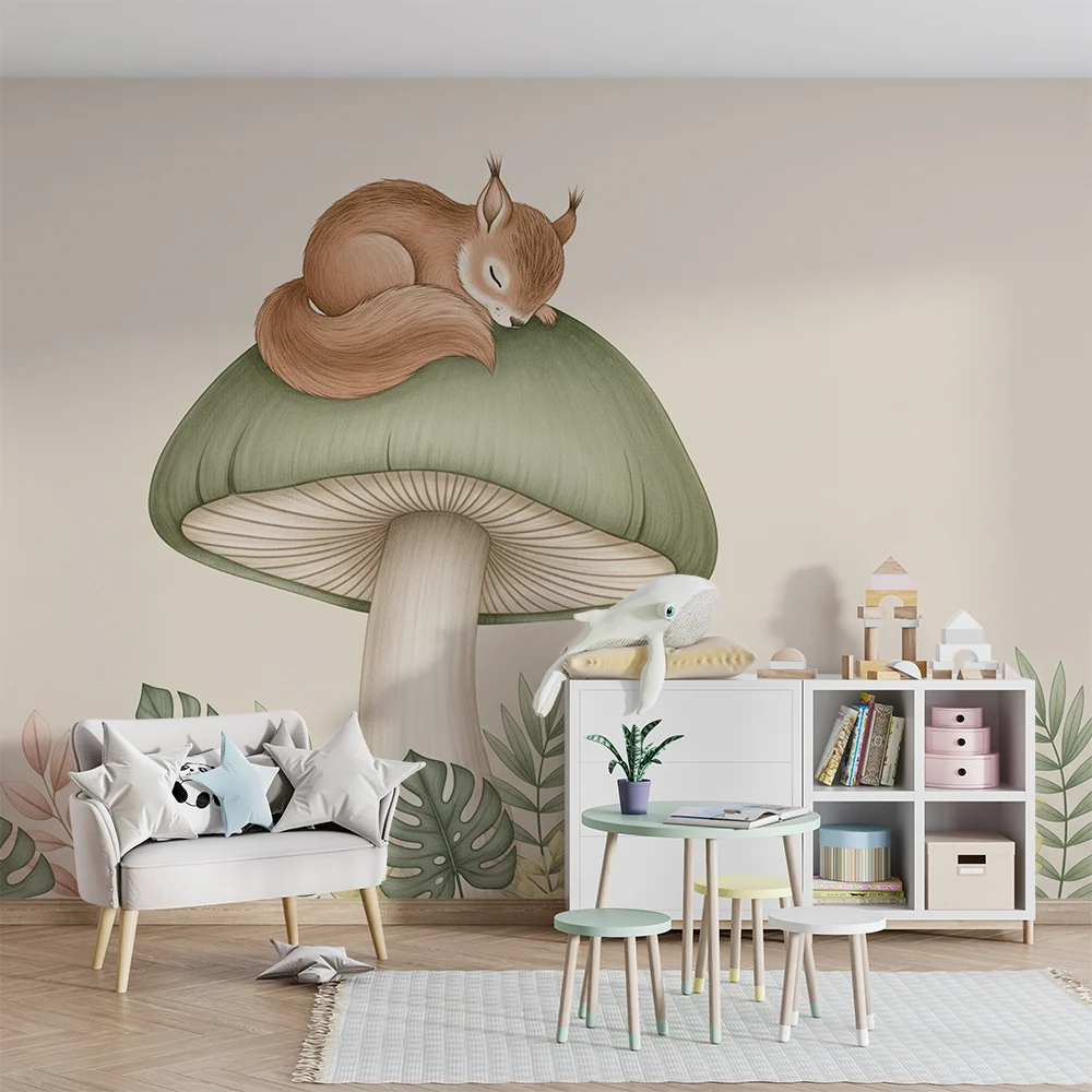 Papel de parede quarto bebê | Veveriță adormită pe un ciupercă