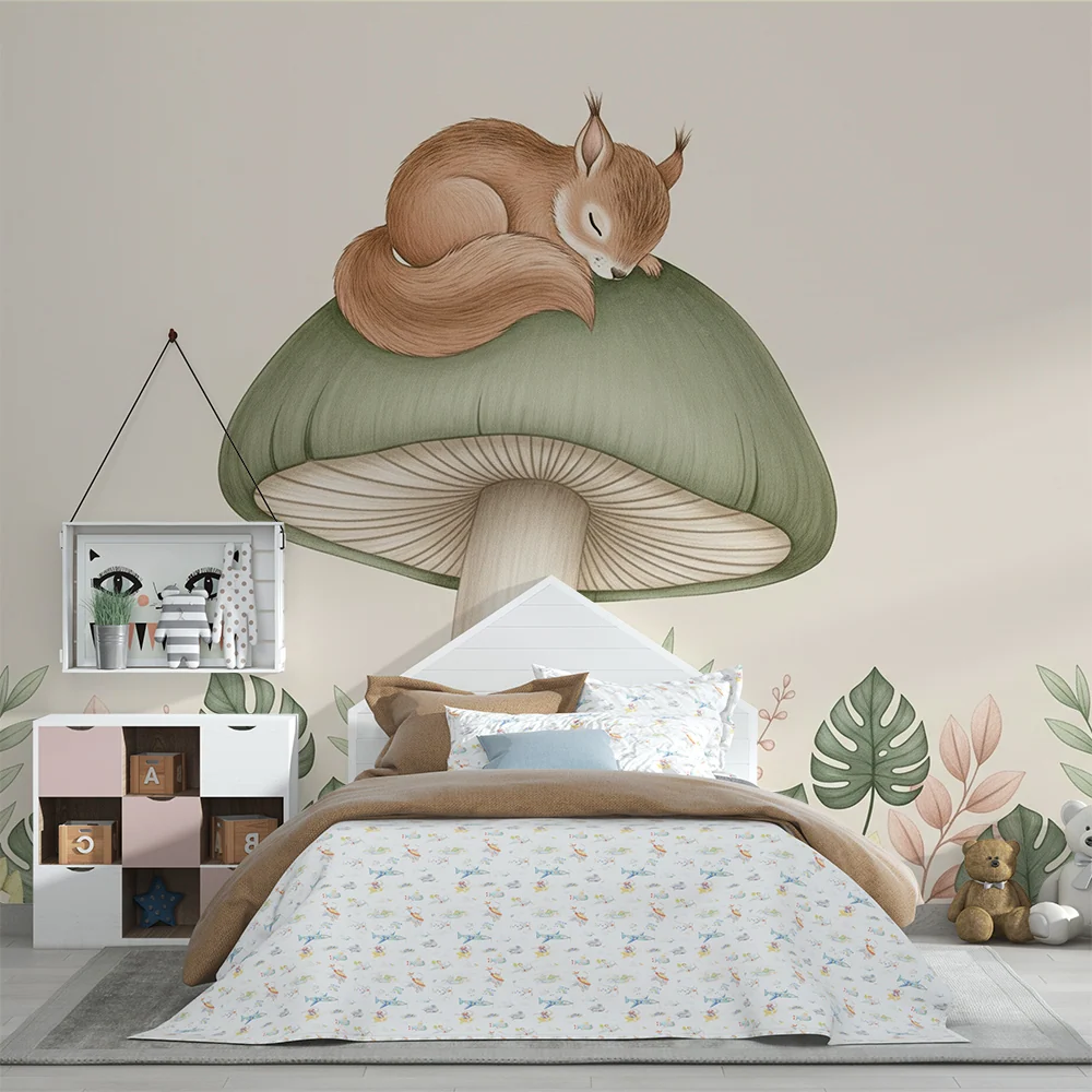 Papel de parede quarto bebê | Veveriță adormită pe un ciupercă