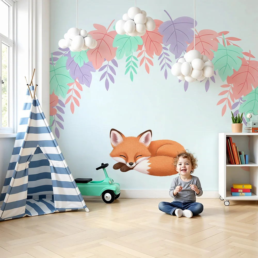 Papel de parede quarto bebê | Vulpe adormit sub un curcubeu de frunze pastelate