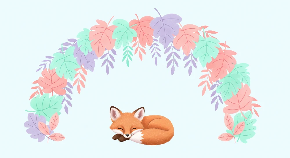 Papel de parede quarto bebê | Vulpe adormit sub un curcubeu de frunze pastelate