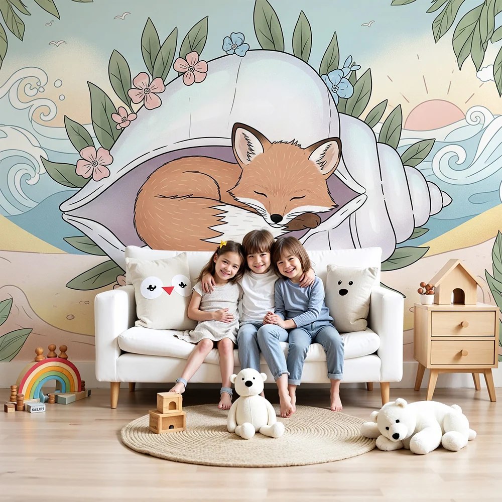 Papel de parede quarto bebê | Vulpe adormită într-o cochilie