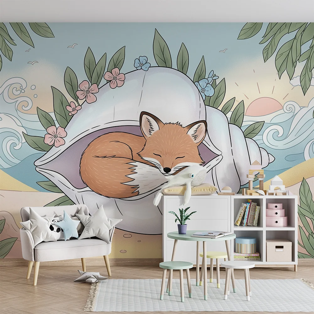 Papel de parede quarto bebê | Vulpe adormită într-o cochilie