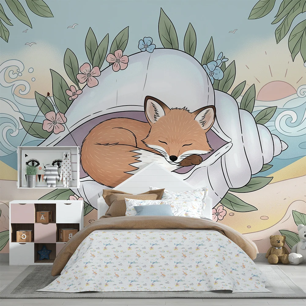 Papel de parede quarto bebê | Vulpe adormită într-o cochilie