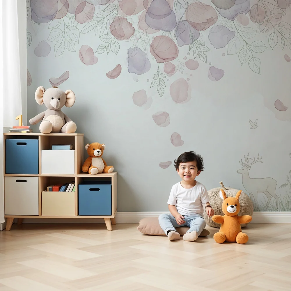 Papel de perede camera bebelus | Cerbi delicati sub un cer pastelat floral