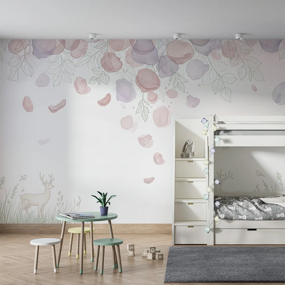 Papel de perede camera bebelus | Cerbi delicati sub un cer pastelat floral