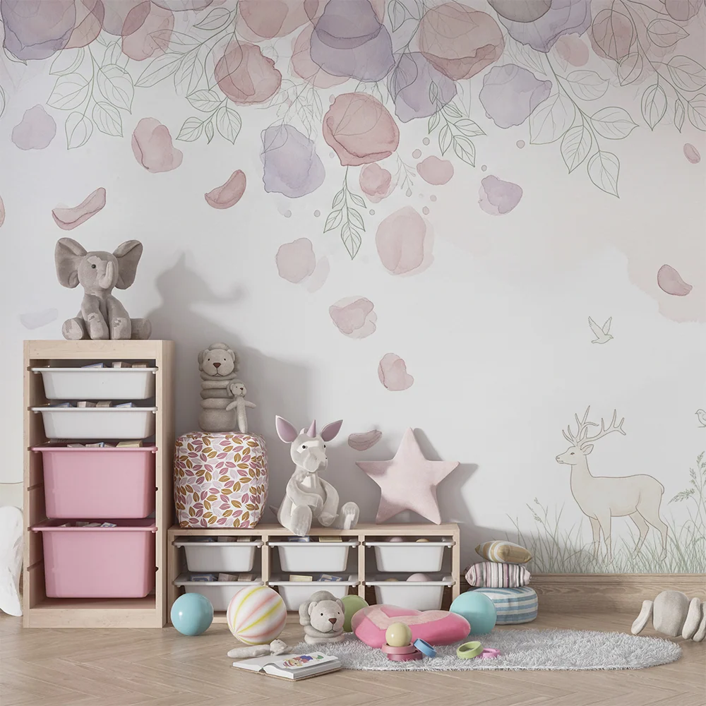 Papel de perede camera bebelus | Cerbi delicati sub un cer pastelat floral