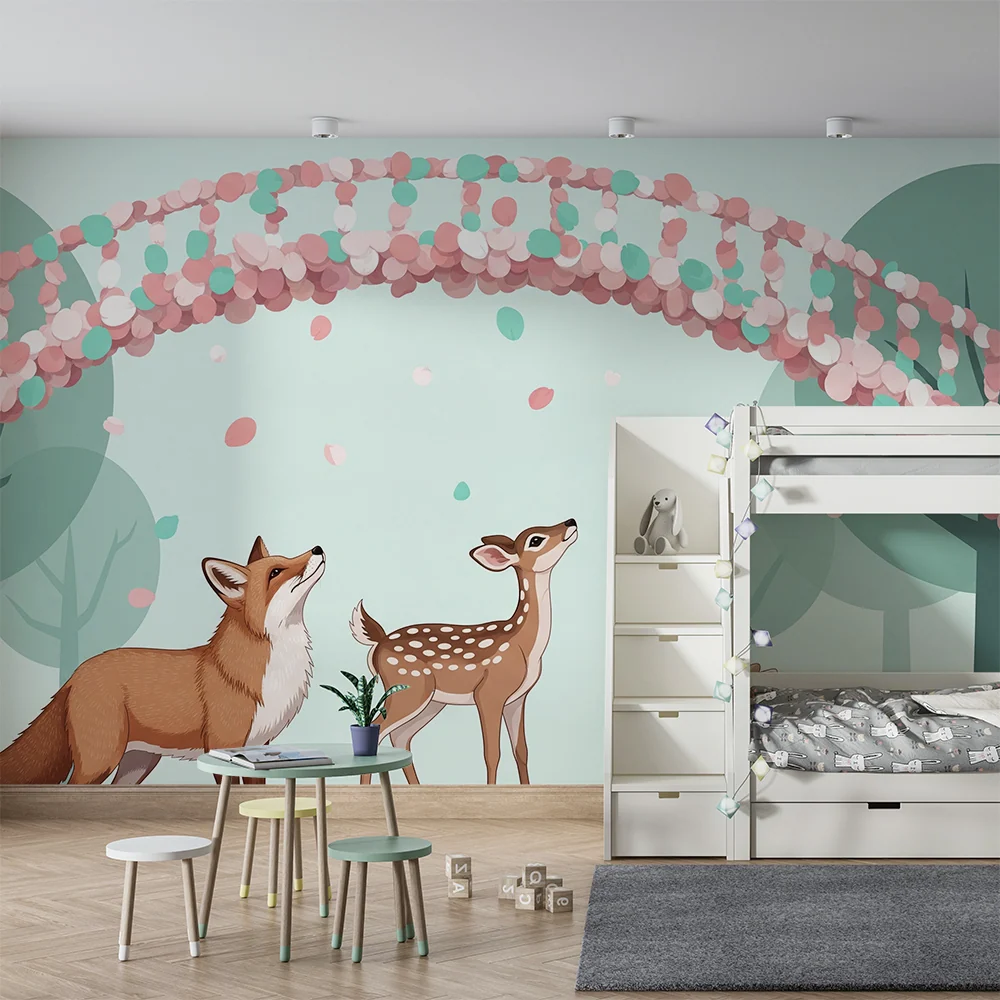 Papel de perete cameră bebeluși | Animalele din pădure sub un cer pastel