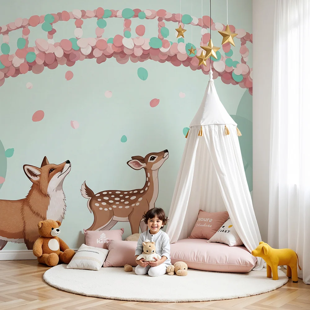 Papel de perete cameră bebeluși | Animalele din pădure sub un cer pastel