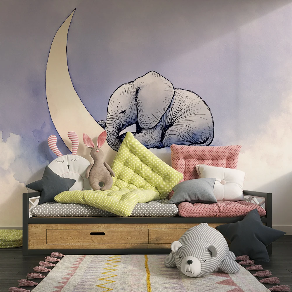 Papel de perete cameră bebeluși | Elefant adormit pe o semilună