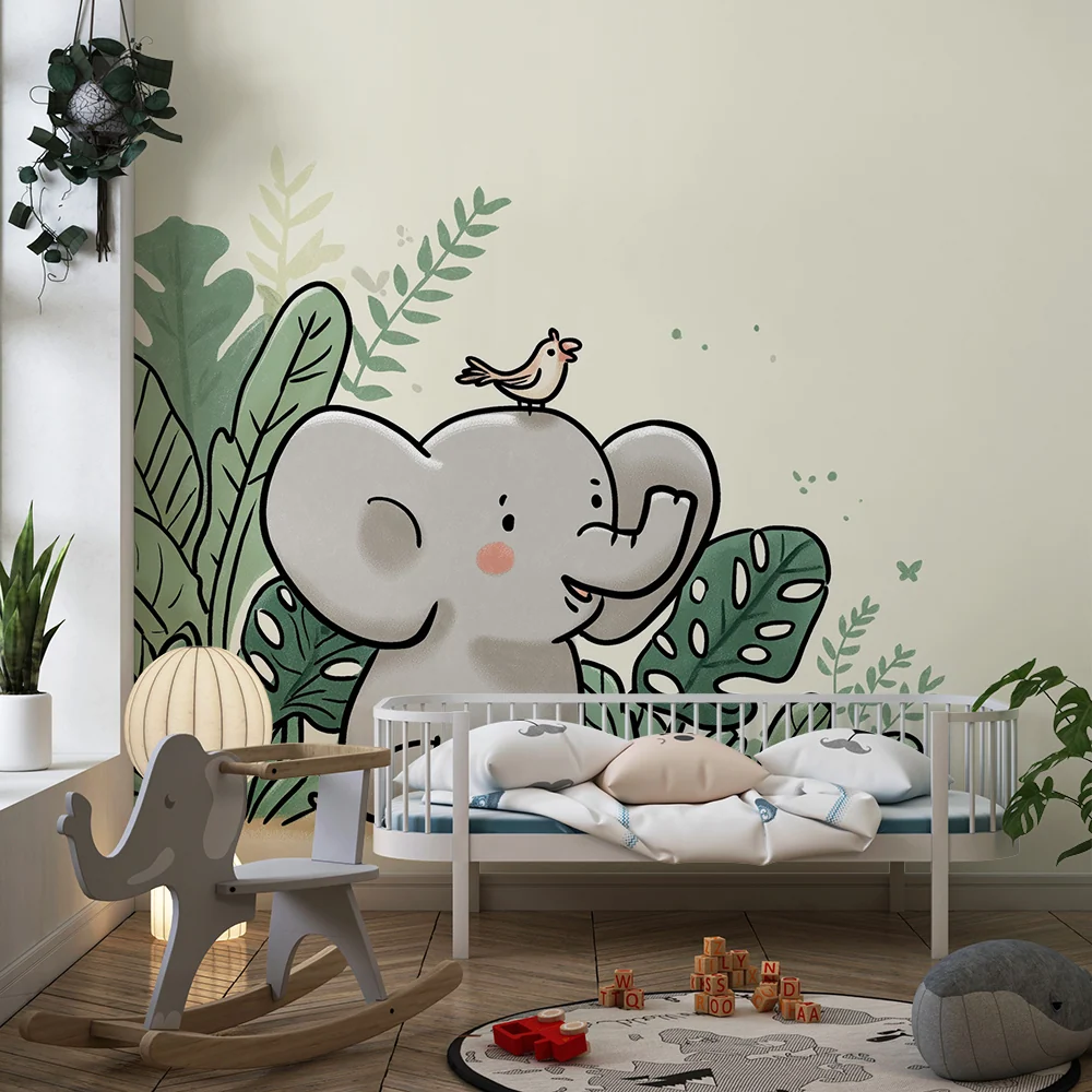 Papel de perete cameră bebeluși | Elefant drăguț cu un pasăre pe fundal de frunziș tropical
