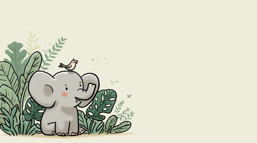 Papel de perete cameră bebeluși | Elefant drăguț cu un pasăre pe fundal de frunziș tropical