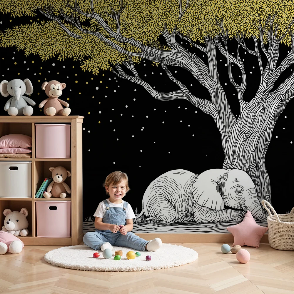 Papel de perete cameră bebeluși | Elefant elegant sub un cer înstelat