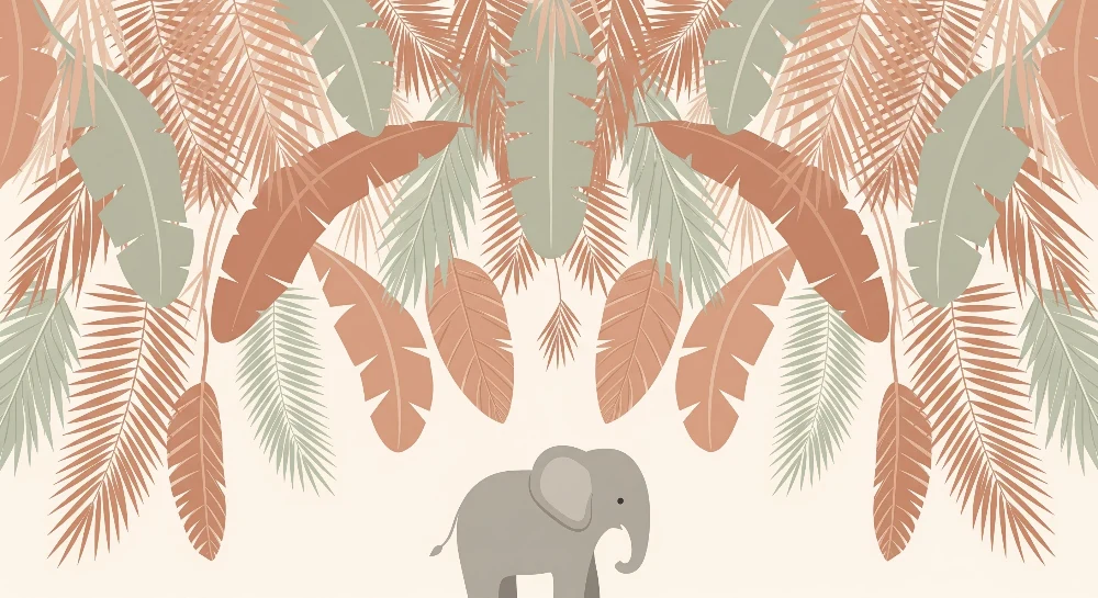 Papel de perete cameră bebeluși | Elefant și frunziș tropical