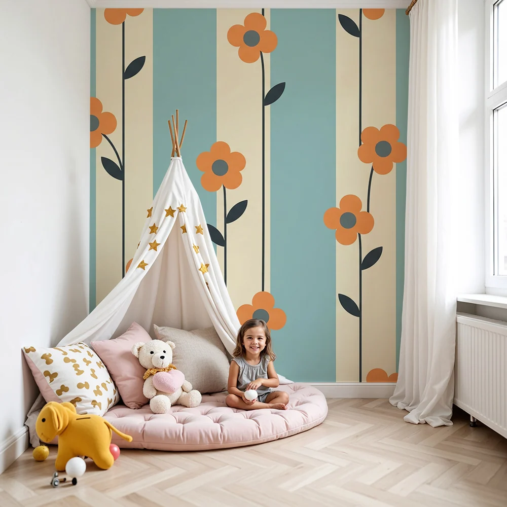 Papel de perete cameră bebeluși | Flori colorate pe fundal dungi albastre și cremă