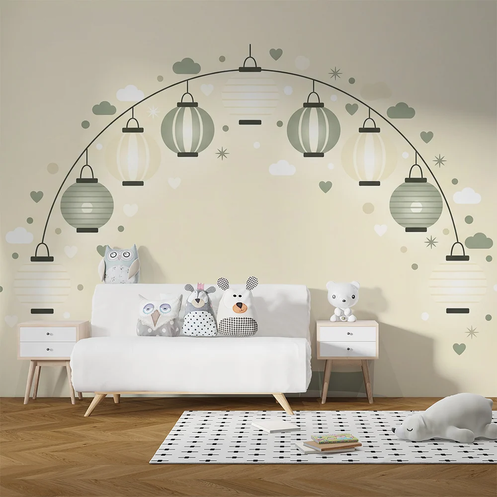 Papel de perete cameră bebeluși | Guirlandă de lămpi cu nori și stele delicate