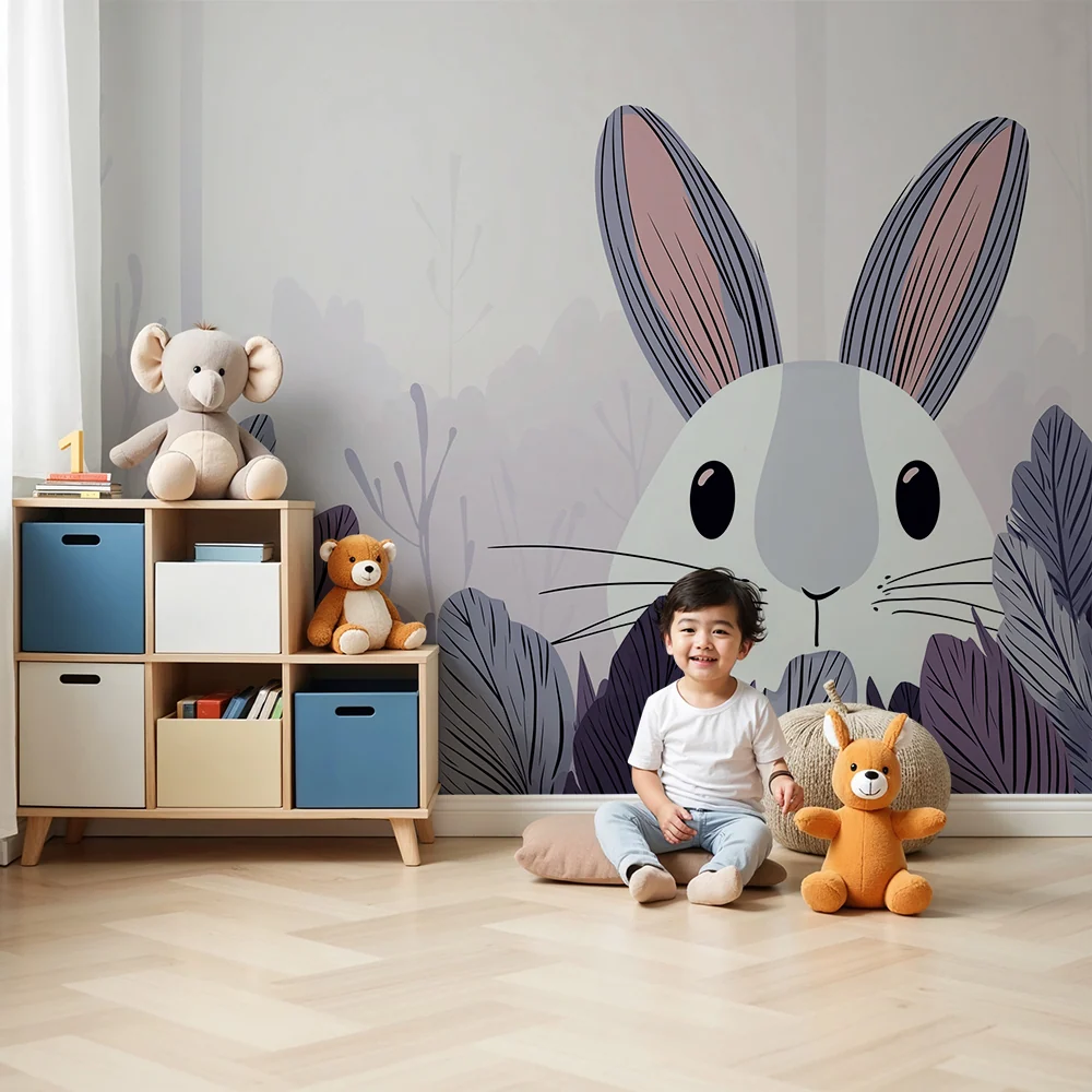 Papel de perete cameră bebeluși | Iepurașul curios ascuns printre frunzele pastelate