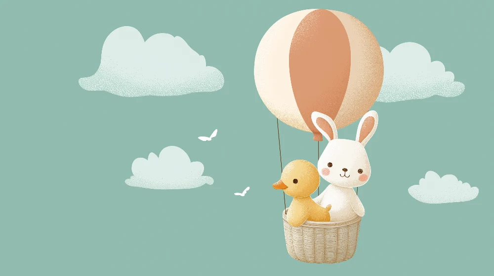 Papel de perete cameră bebeluși | Iepure și rață într-un balon cu aer cald printre nori