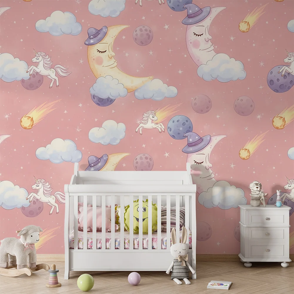 Papel de perete cameră bebeluși | Licorne și luni într-un cer stelat roz