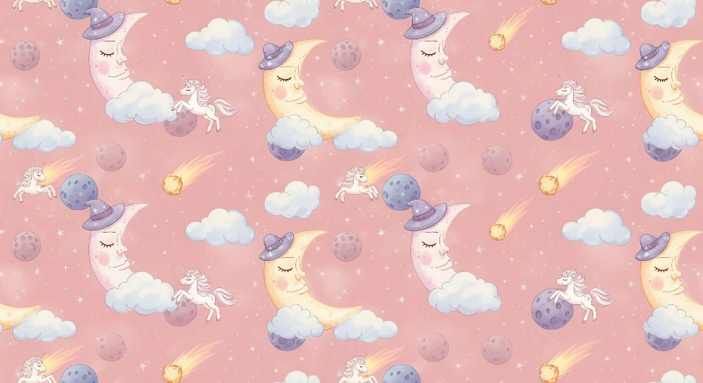 Papel de perete cameră bebeluși | Licorne și luni într-un cer stelat roz