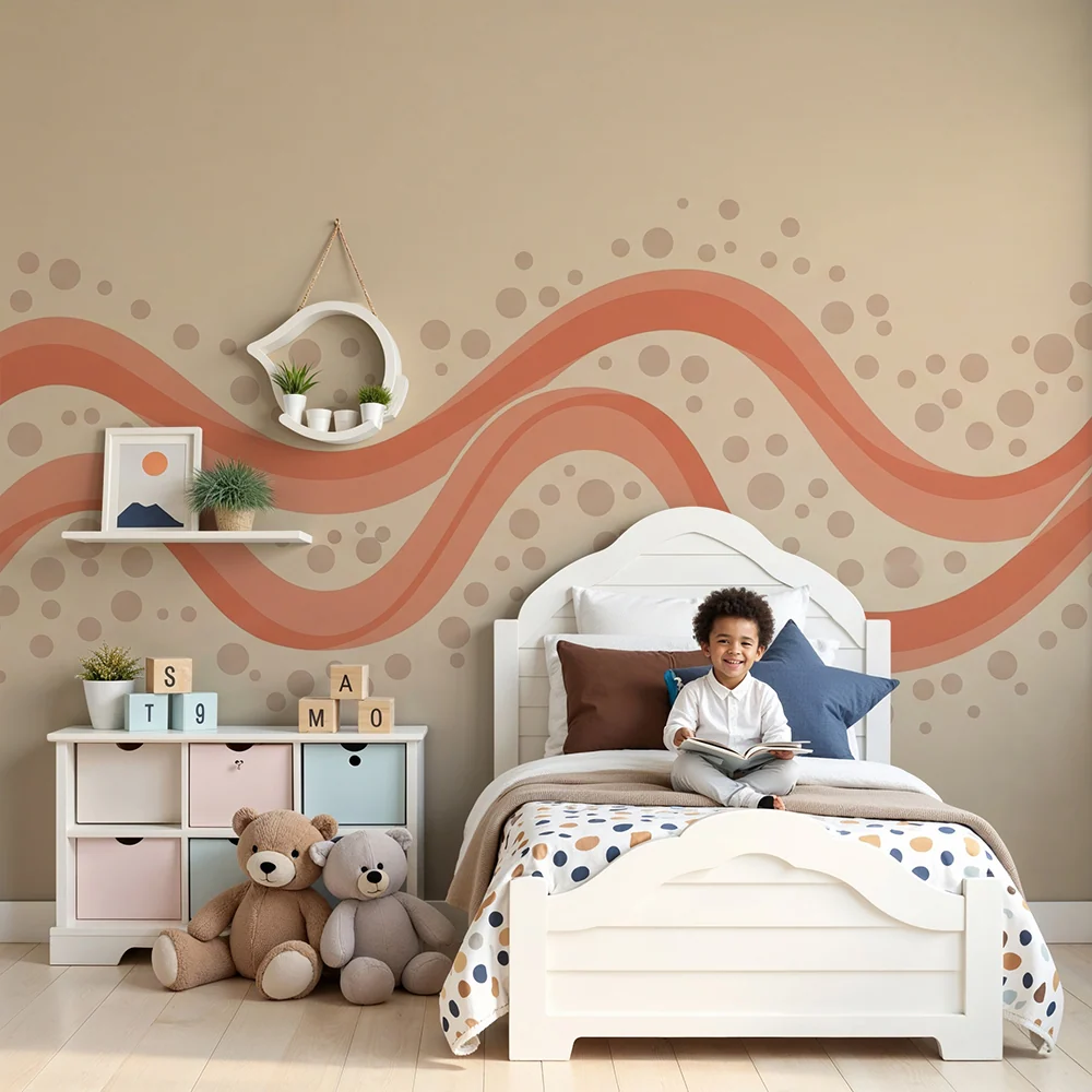Papel de perete cameră bebeluși | Modele ondulate în roz și bej cu puncte delicate