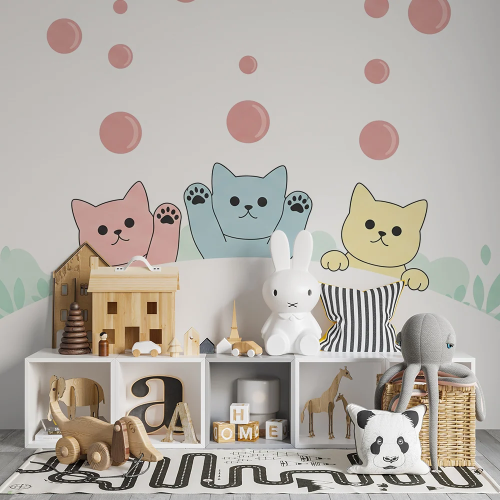 Papel de perete cameră bebeluși | Pisici adorabile cu bule colorate