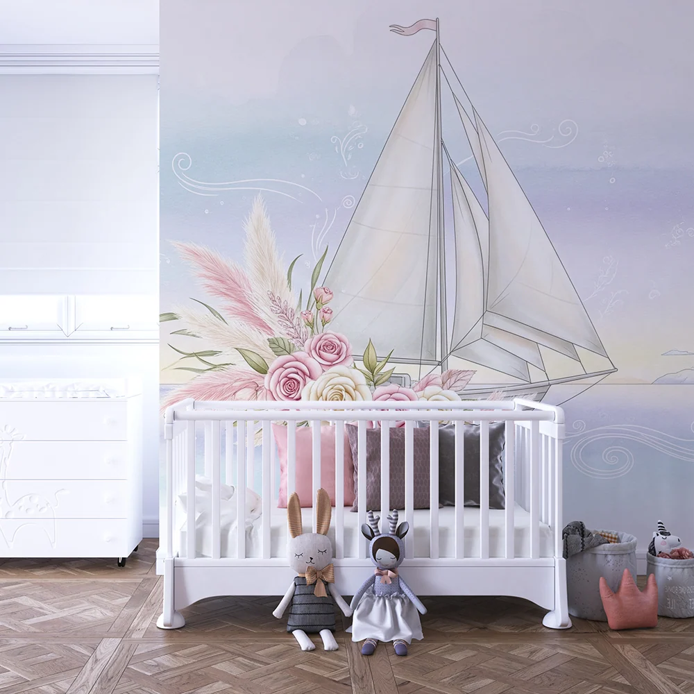 Papel de perete cameră bebeluși | Velier elegant cu flori pastel