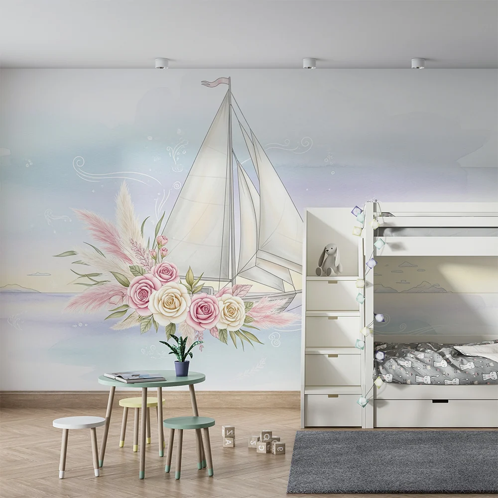 Papel de perete cameră bebeluși | Velier elegant cu flori pastel