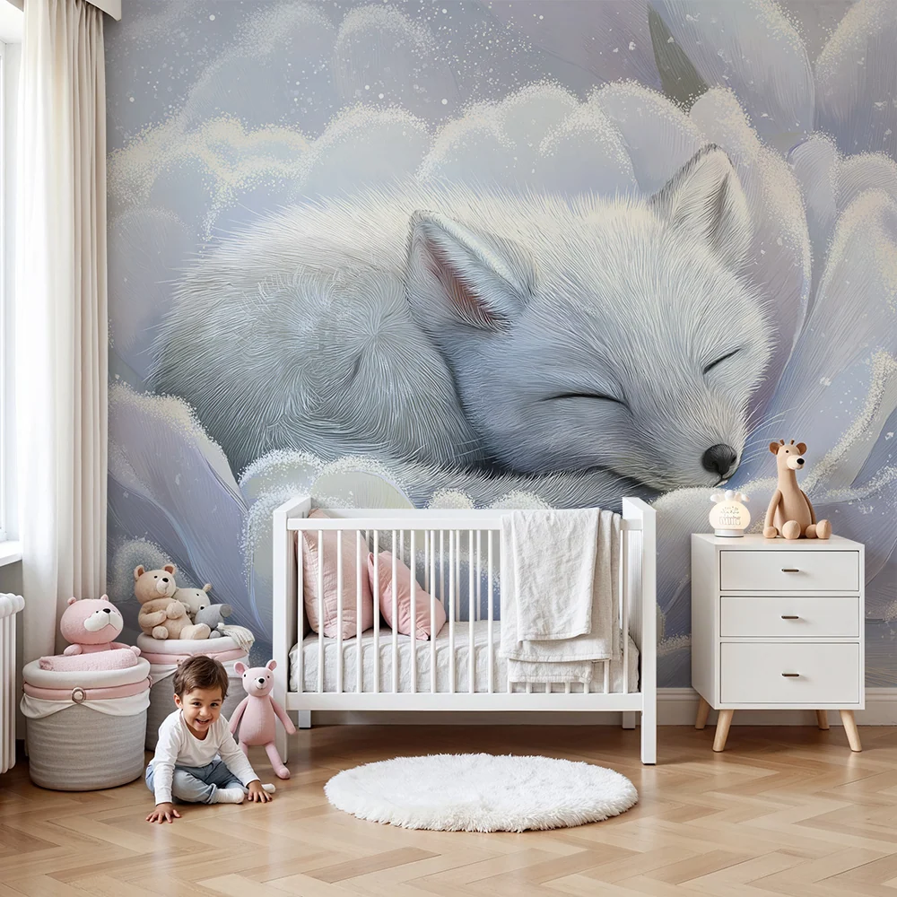 Papel de perete cameră bebeluși | Vulpe albă adormită într-o floare delicată