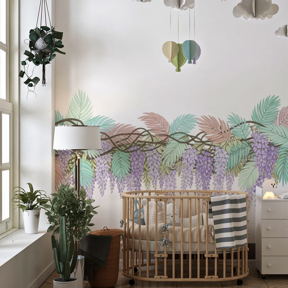 Papel de perete cameră copii | Viță florală pastel și frunziș delicat