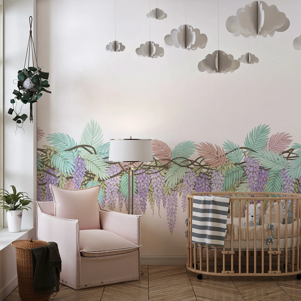 Papel de perete cameră copii | Viță florală pastel și frunziș delicat