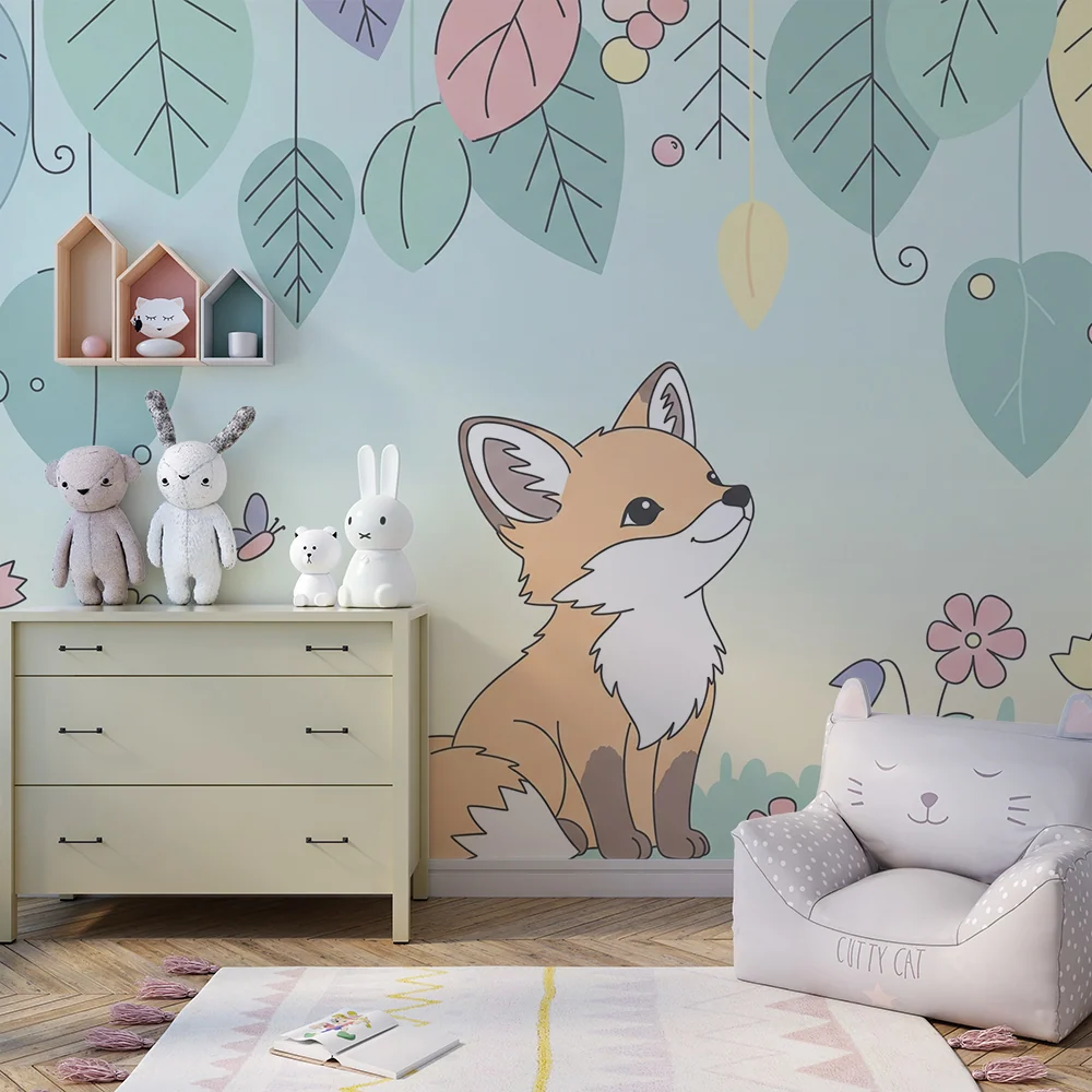 Papel de perete camera bebeluș | Veveriță drăguță în mijlocul florilor și frunzelor colorate