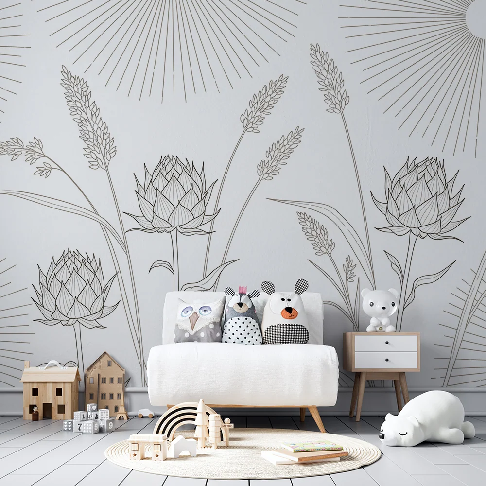 Papel de perete camera bebeluși | Flori delicate și raze de soare în linie