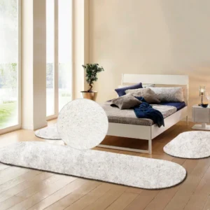 Set 3 covoare dormitor shaggy Dana albe pufoase, 70 cm latime