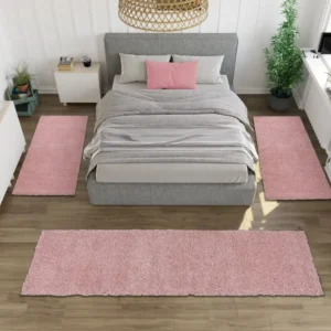 Set 3 covoare pentru dormitor Viva cu fir lung pufoase, roz