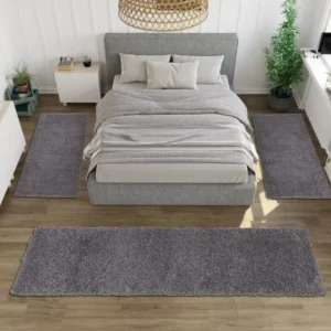 Set 3 covoare pentru dormitor Viva cu fir lung pufoase, gri piatră