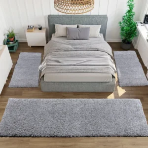Set 3 covoare pentru dormitor Viva cu fir lung pufoase, gri