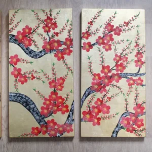 Set 4 tablouri Blossom pictate manual pe lemn, auriu 46x92 cm