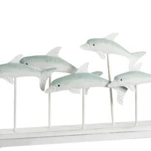 Statueta din metal banc de 5 delfini, 55,25 cm lungime