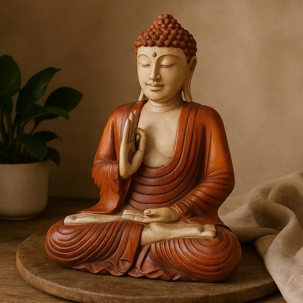 Statuie Buddha cu mâna în poziție de învățătură, sculptată manual din lemn de suar, 40cm