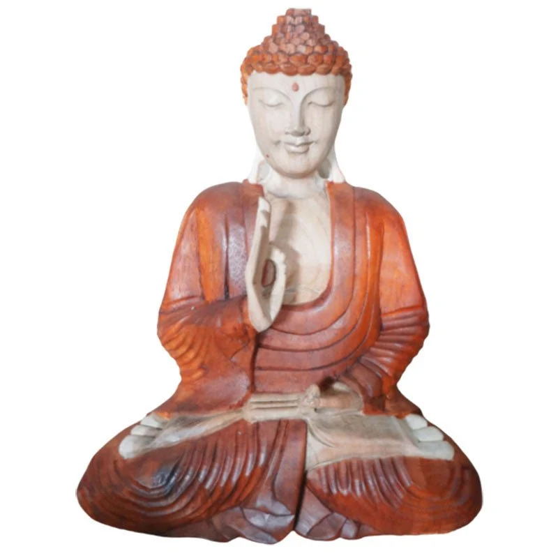 Statuie Buddha cu mâna în poziție de învățătură, sculptată manual din lemn de suar, 40cm