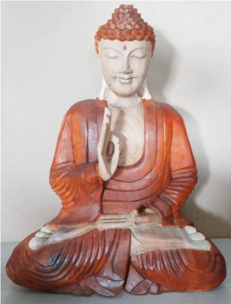 Statuie Buddha cu mâna în poziție de învățătură, sculptată manual din lemn de suar, 40cm