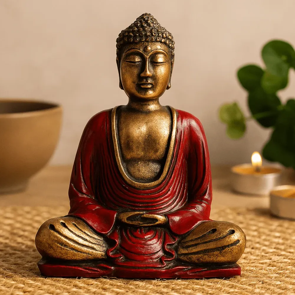 Statuie Buddha pictată manual, rășă roșie și aurie, mărime medie