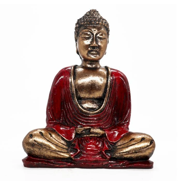 Statuie Buddha pictată manual, rășă roșie și aurie, mărime medie