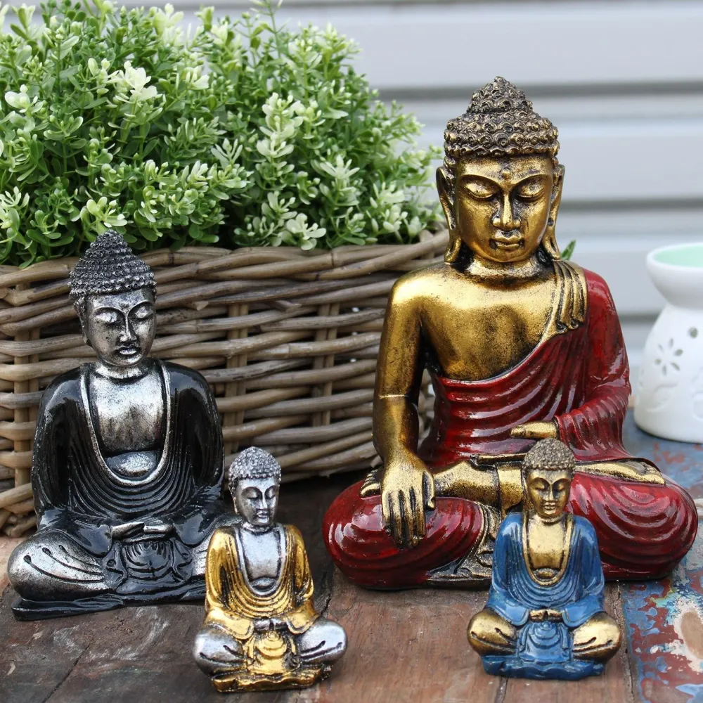 Statuie Buddha pictată manual, rășă roșie și aurie, mărime medie