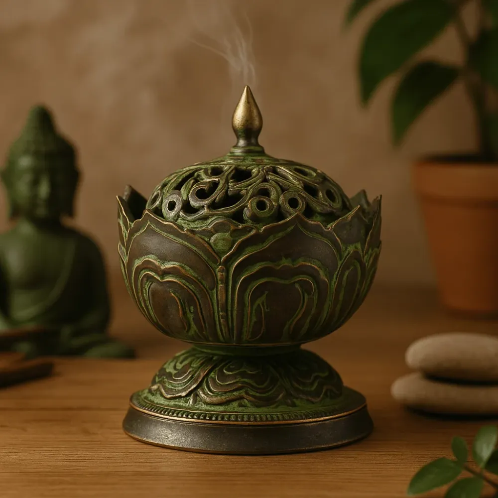 Suport pentru tămâie din alamă cu patină verde mic Lotus tibetan